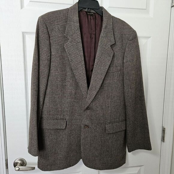 Mens Tailored Clothing by Manhattan Brown Plaid Wool Sport Coat Jacket Size 44L - Picture 1 of 10